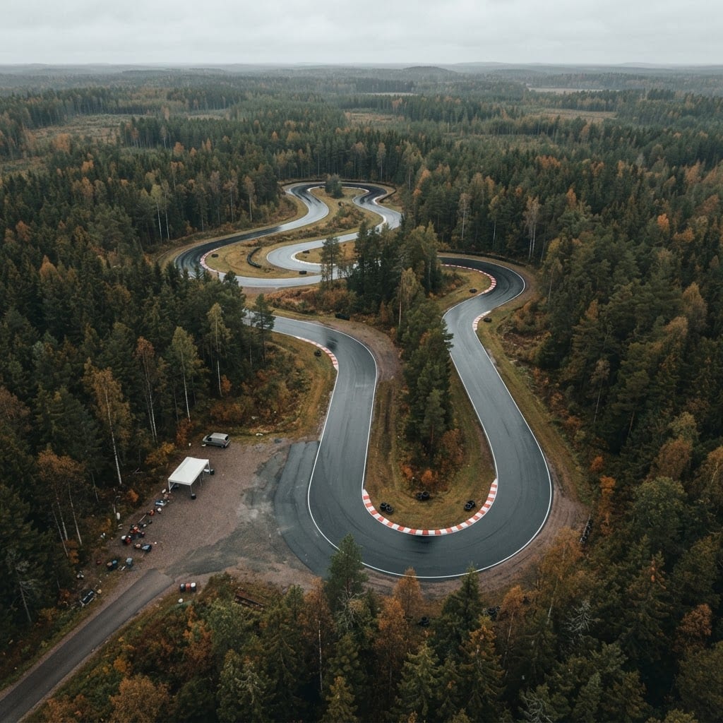 Ilmakuva metsän keskellä sijaitsevasta asfalttiradasta